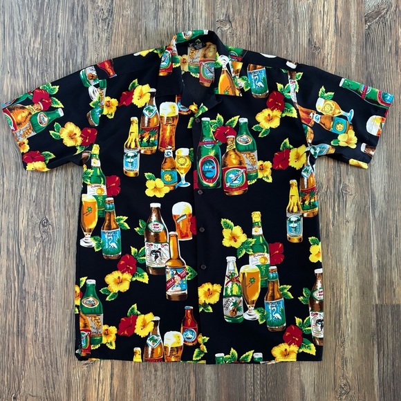 Canopy Hawaiian Tropical Shirt Mens M Black Beer Adult Beverages Hibiscus Beach - Picture 1 of 8
